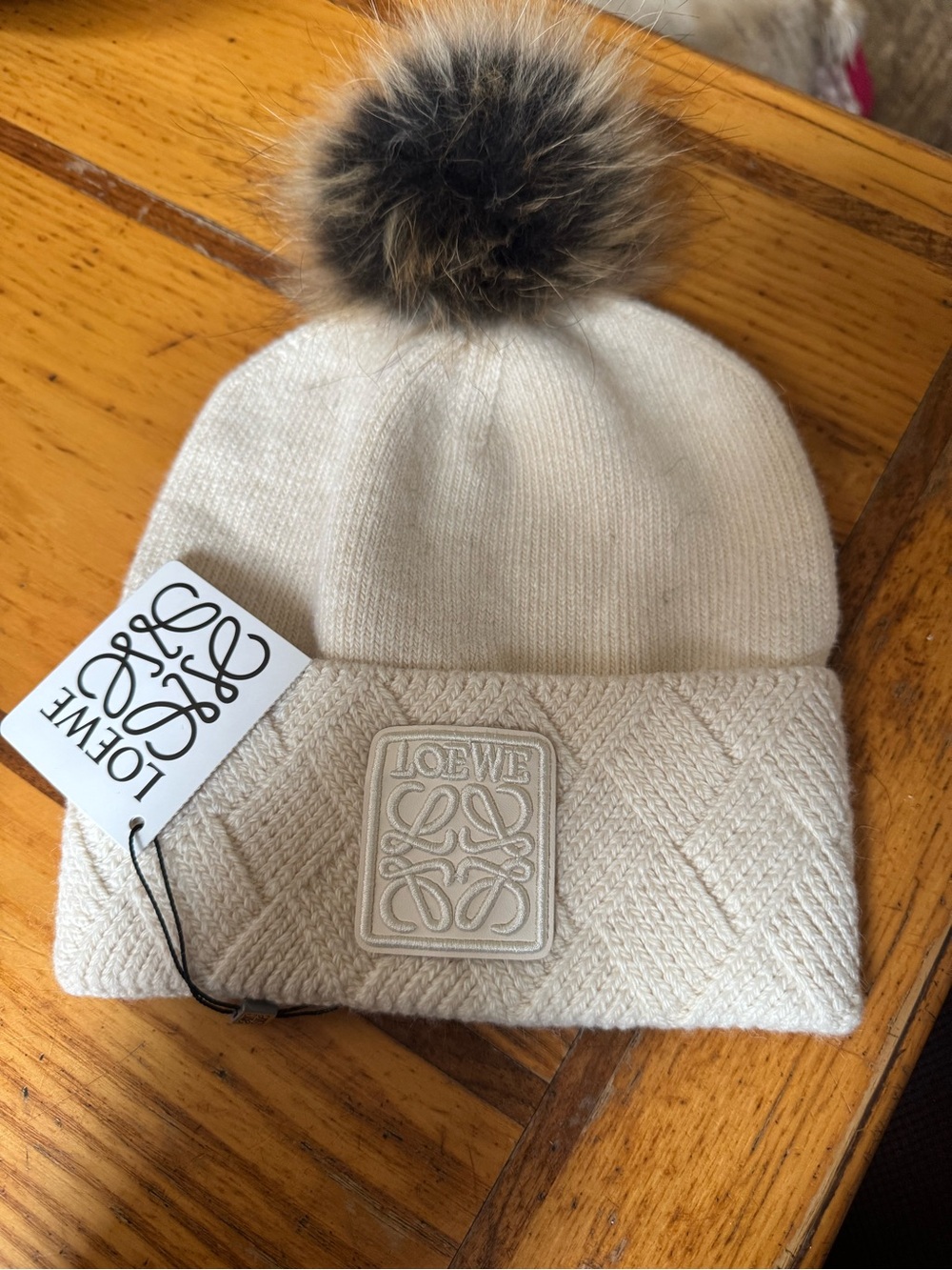 Loewe Cream Knit Beanie with Fur Pom